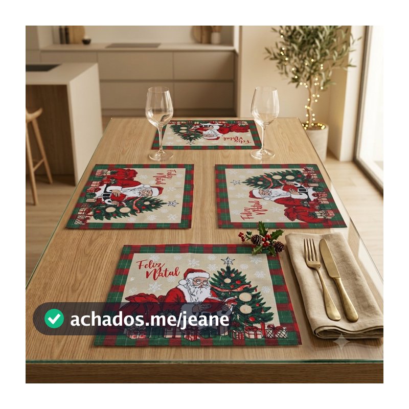 Kit 4 Lugares Americanos Linhão OU Toalhinha de Chá Natal Papai Noel 30x40cm Mesa Posta