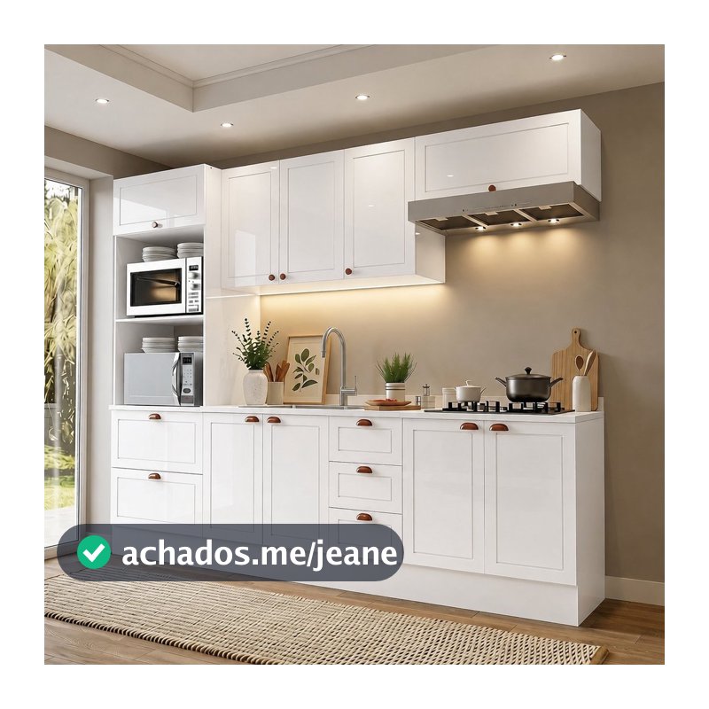 Cozinha Pérola Rodapé 5 Peças Torre Quente Aéreos Balcão 120 Balcão 80 e Basculante Yescasa Branco Branco