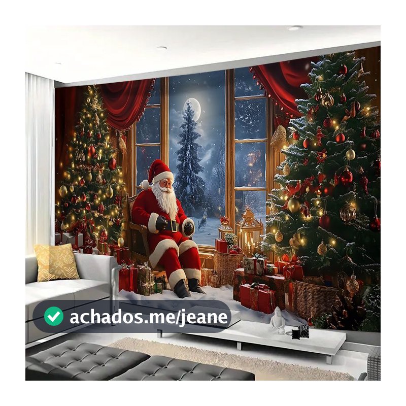 Linda festa de Natal Decoração de paisagem Pano de fundo Janela Neve Floresta Lua Vista noturna Decoração Presente de feriado Tapeçaria de poliéster Tapeçaria divertida Decoração de quarto Estética Decoração de casa Nordic ins Quarto Sala de estar Decoraç