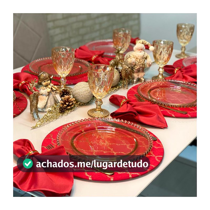 Kit Sousplat Mesa Posta Completa de Natal Natalino Vermelho e Dourado Brilhante