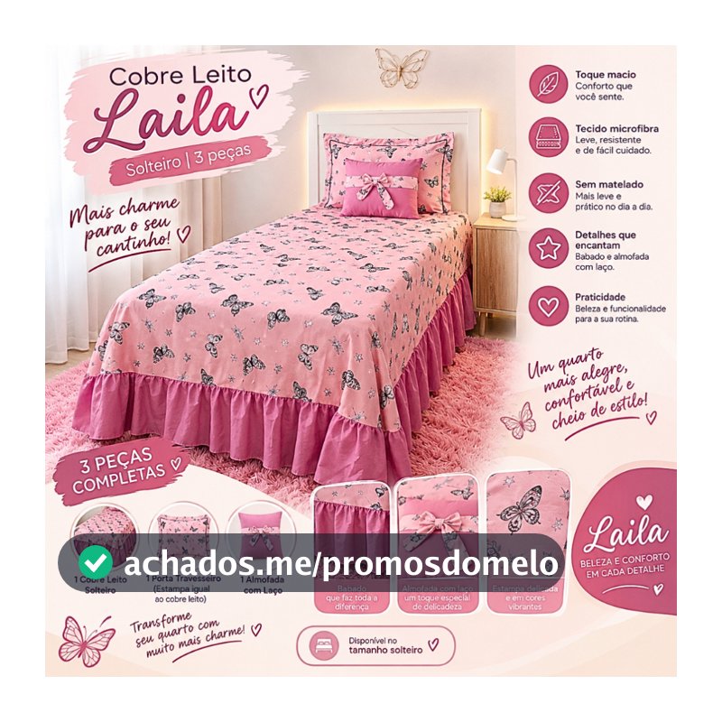 Kit Colcha Cobre Leito Borboleta Estampado solteiro Infantil Feminino Rosa 3 Peças Laila