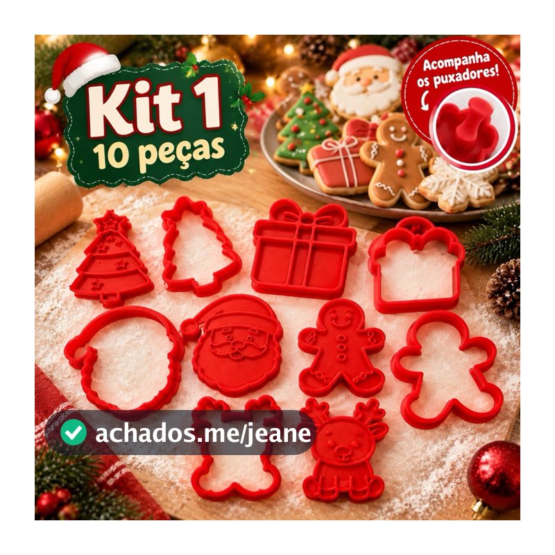 Kit Cortador Marcador de Biscoito Natalino 10 Peças com Puxador | Moldes para Biscoitos de Natal