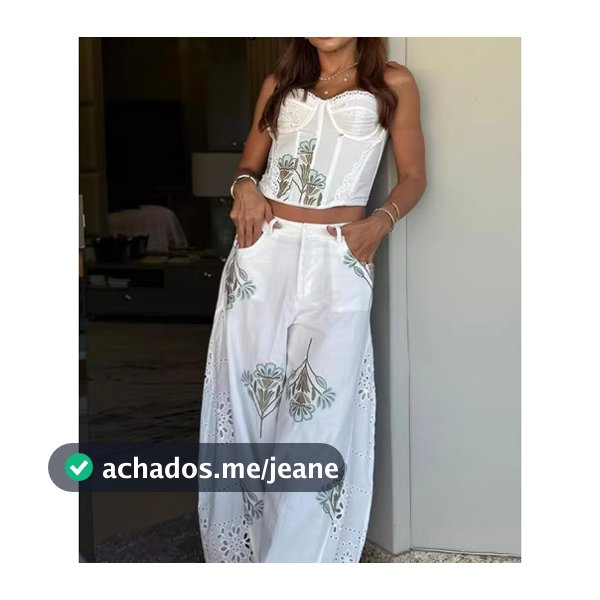 Floral Bordado Espartilho Superior Ilhó Calças De Perna Larga Feminino Conjunto De Roupa De Duas Peças