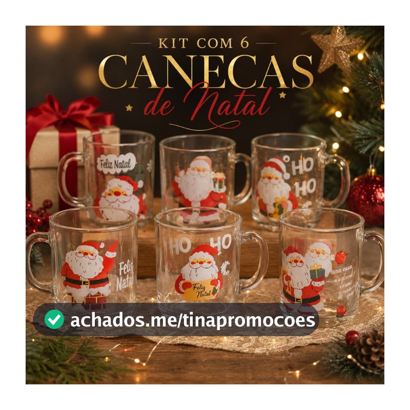 Kit 6 Canecas de Vidro Natalinas 250ml Estampadas Feliz Natal Presente de Natal Decoração Papai Noel