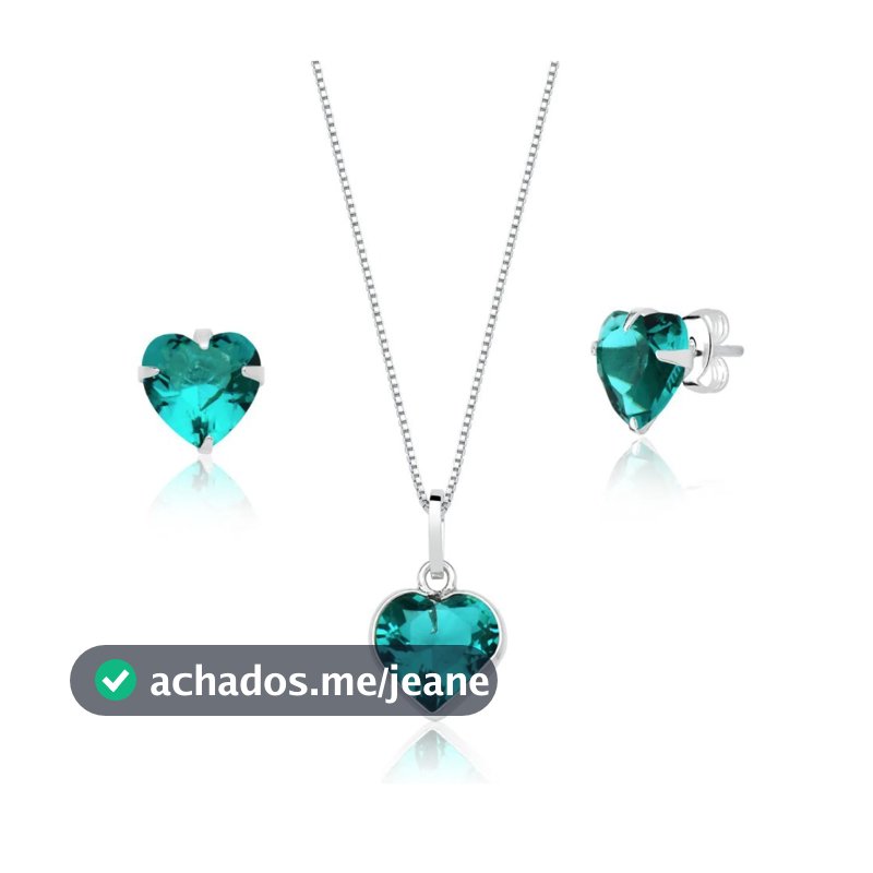 conjunto brinco e colar coração prata 925 verde agua
