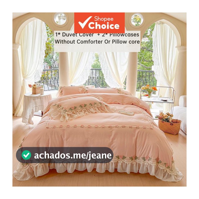 Conjunto de Cama 3 Peças Princesa Renda, Capa de Edredom Rosa Babado Floral, 100% Poliéster, Sem Enchimento Sem Miolo de