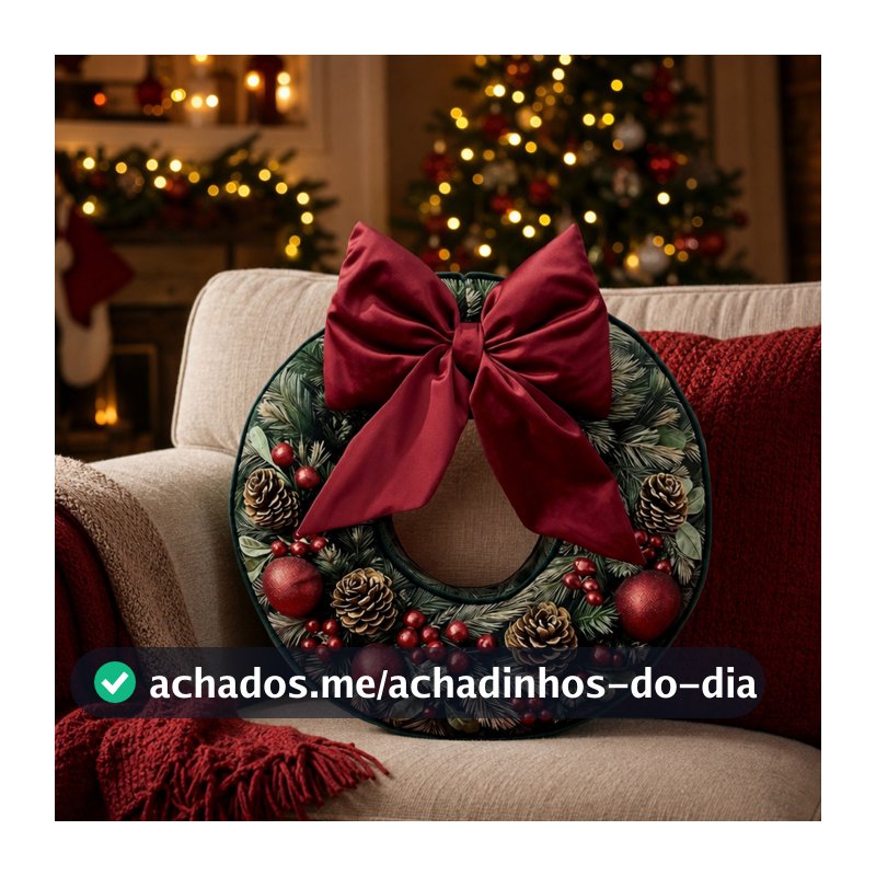 Almofada Decorativa de Natal com Cardone - Formato Guirlanda com Aplique de Laço Vermelho - 40x40cm - 1 unidade - Rizzo