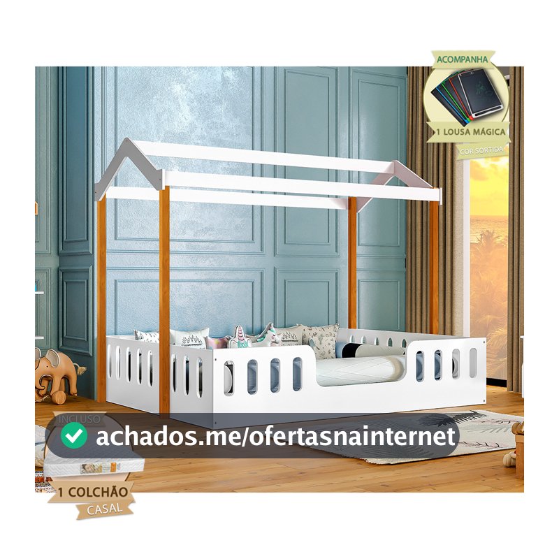 Cama com Colchão D28 Montessoriana Casal Infantil Ágatha com Lousa Mágica - Branco/amêndoa