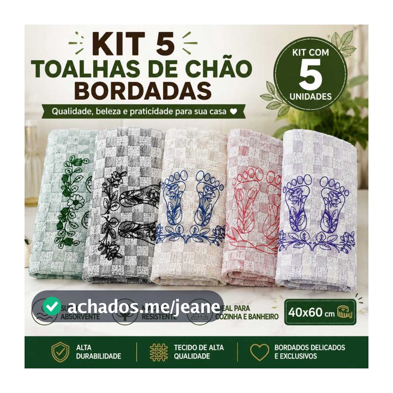 Kit 5 Toalhas De Chão Bordadas 40x60 Tapete Para Cozinha Banheiro Antiderrapante Absorvente