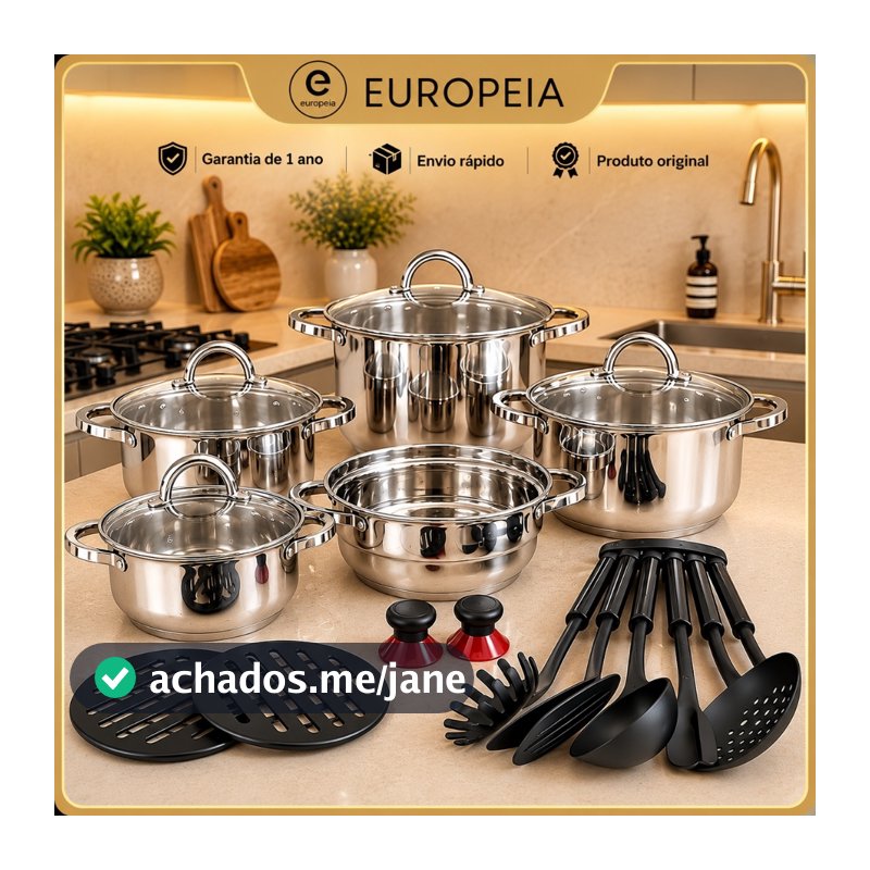Jogo de Panelas Genebra Kit 19 Peças de Aço inoxidável fundo Triplo + Acessórios