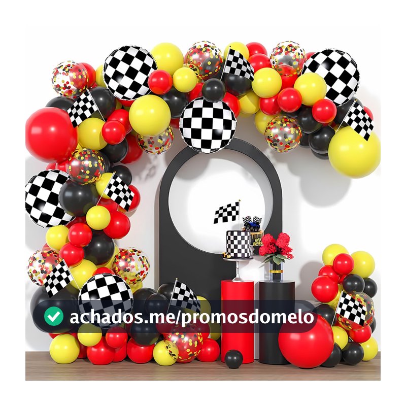 Kit 111 Balões Bexiga Pista Kart Quadriculado Vermelho Amarelo Preto Festa Infantil Decoração Aniversário Menino