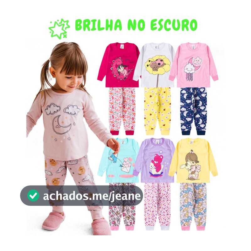 Kit 4 Peças Pijama Sortido Brilha no Escuro Infantil Menina Inverno Roupa Infantil Feminina