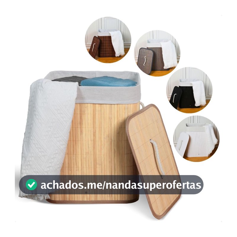 Cesto de Roupa Suja Bambu Com Tampa e Alças 50 Litros Grande Organizador Multiuso