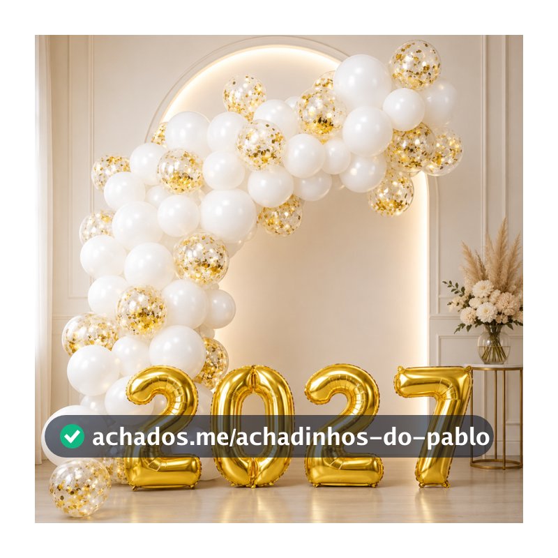 Kit Balão Bexiga Ano Novo 2027 + Numero Metalizado + Branco + Cristal Decoração