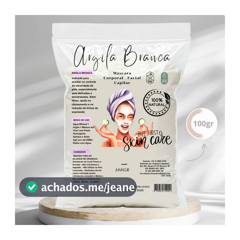 Argila Mascara facial 100g Elegância Orgânica 100 % Natural Branca Verde Rosa Dourada Preta Dolomita