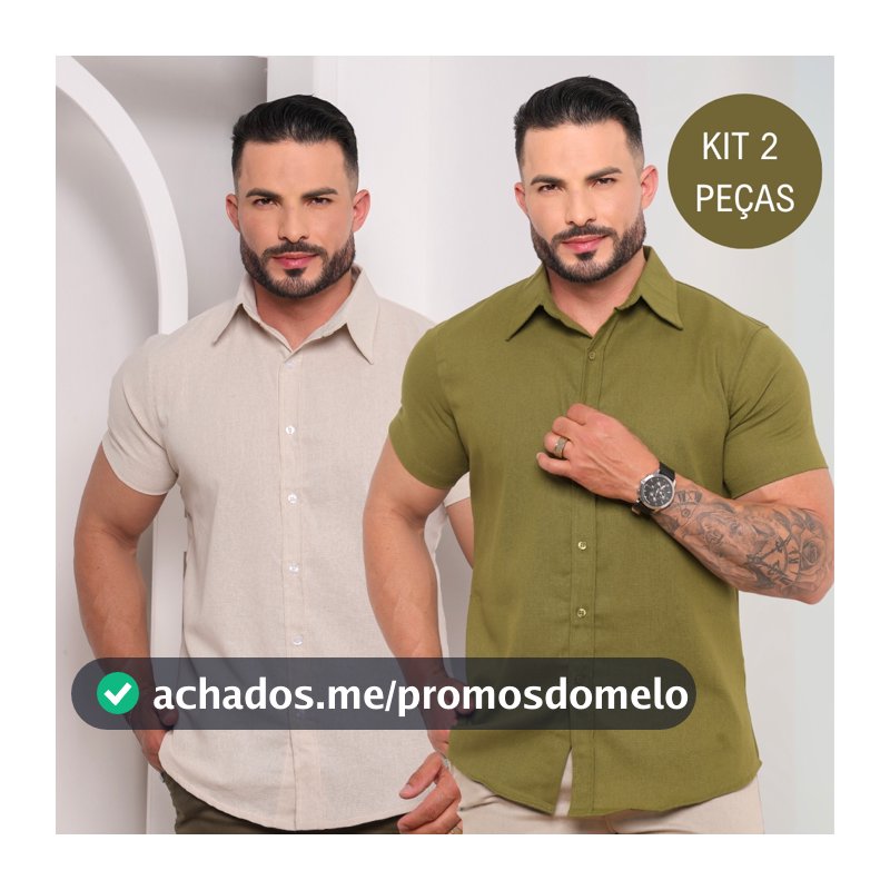 Kit Com 2 Camisa Social Masculina Linho Manga Curta Slim Fit Verao