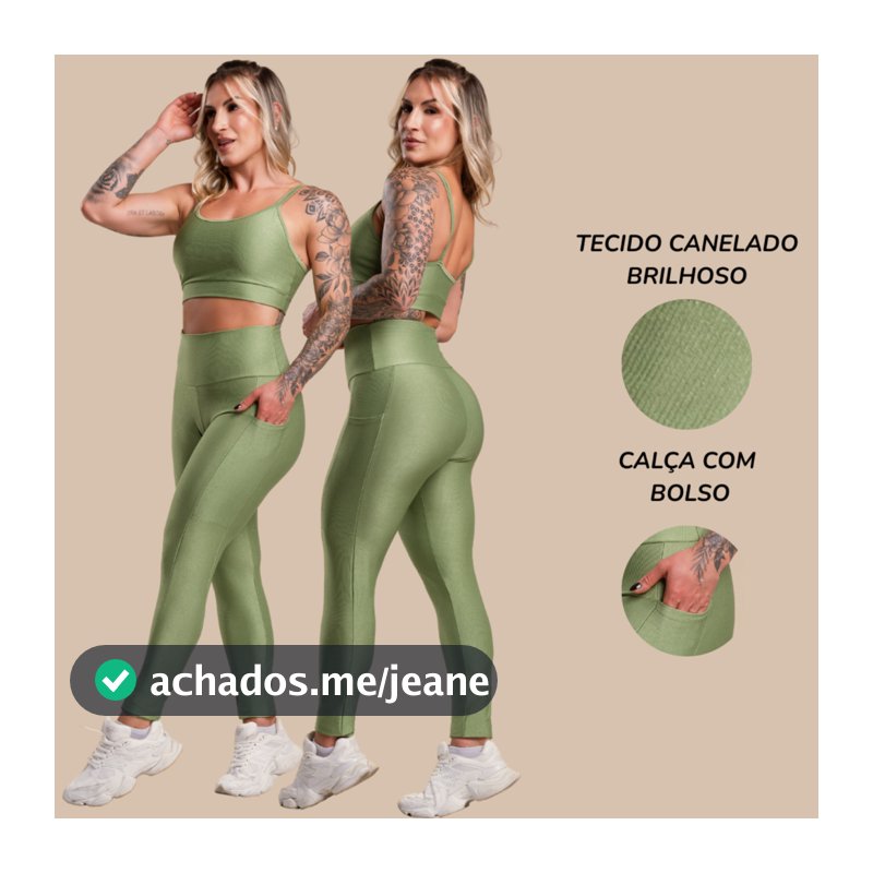 Conjunto Fitness Feminino Canelado Brilhoso Academia Top Alça e Calça Legging Bolso Cintura Alta Look