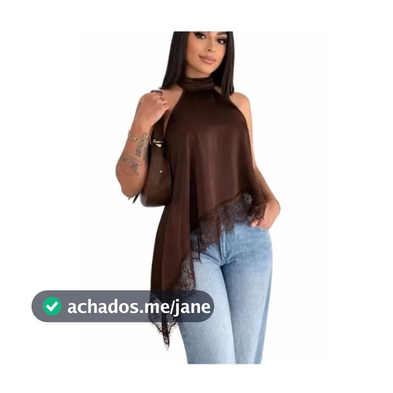 Blusa Feminina Gola Alta Assimétrica Frente Única Com Renda Bata Elegante Tendência Inverno