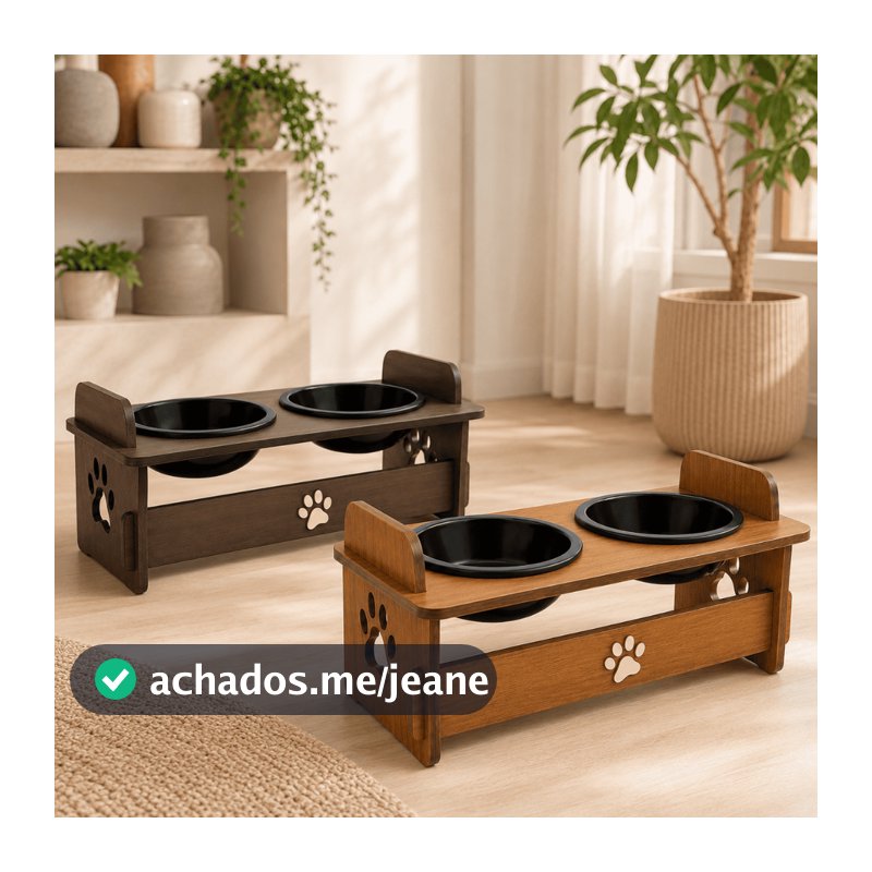 Comedouro Duplo Elevado MDF Para Gato Cachorro 2 Potes Preto ou Branco Pet