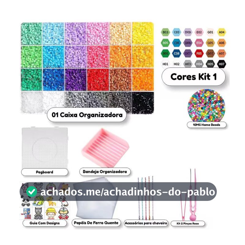 Kit Hama Beads 10.000 Peças 2,6mm 24 Cores Pinças + Ferramentas Pegboard Chaveiro Brinquedos