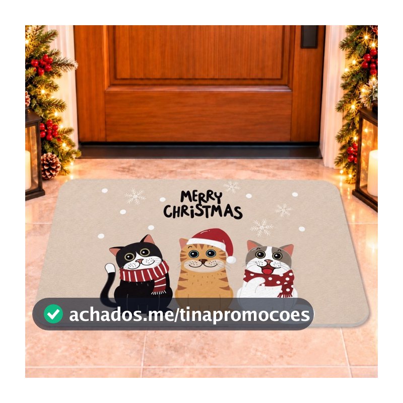 Tapete de Entrada Natalino Antiderrapante 60x40cm Decoração de Natal Gatinhos
