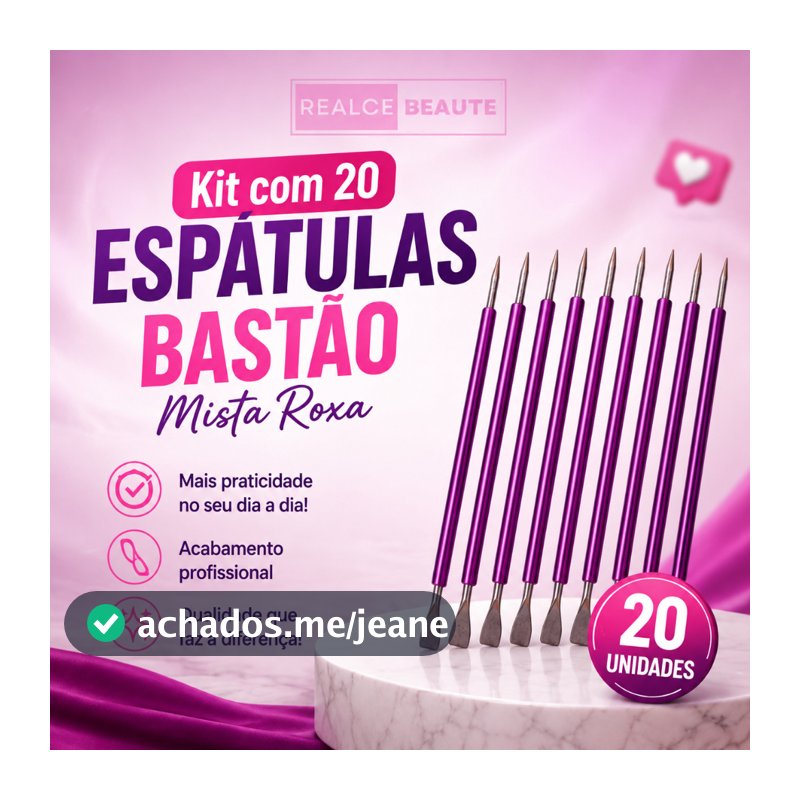 Kit com 20 Espátulas Bastão Mista Roxa Unha Inox com Silicone - Cutelaria Manicure