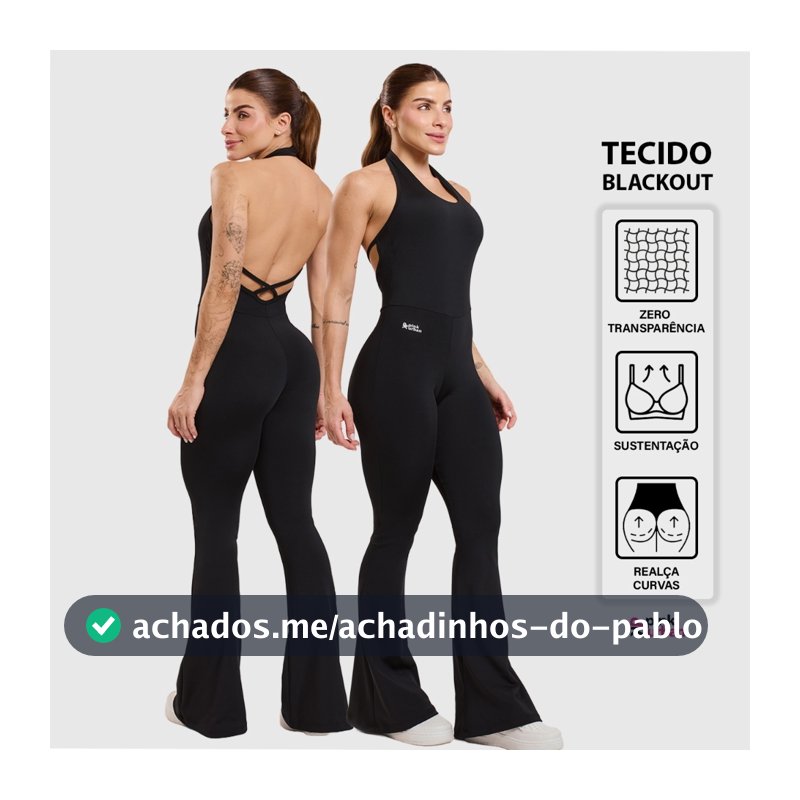 Macacão Fitness Feminino Flare Costa Nua Trançado Decote U Frente Única Blackout Zero Transparência