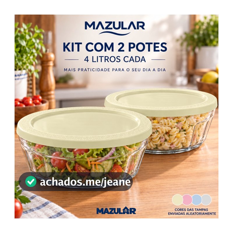 Kit 2 Pote Tigela de Vidro Saladeira Multisuso 4 Litros Com Tampa Plastica