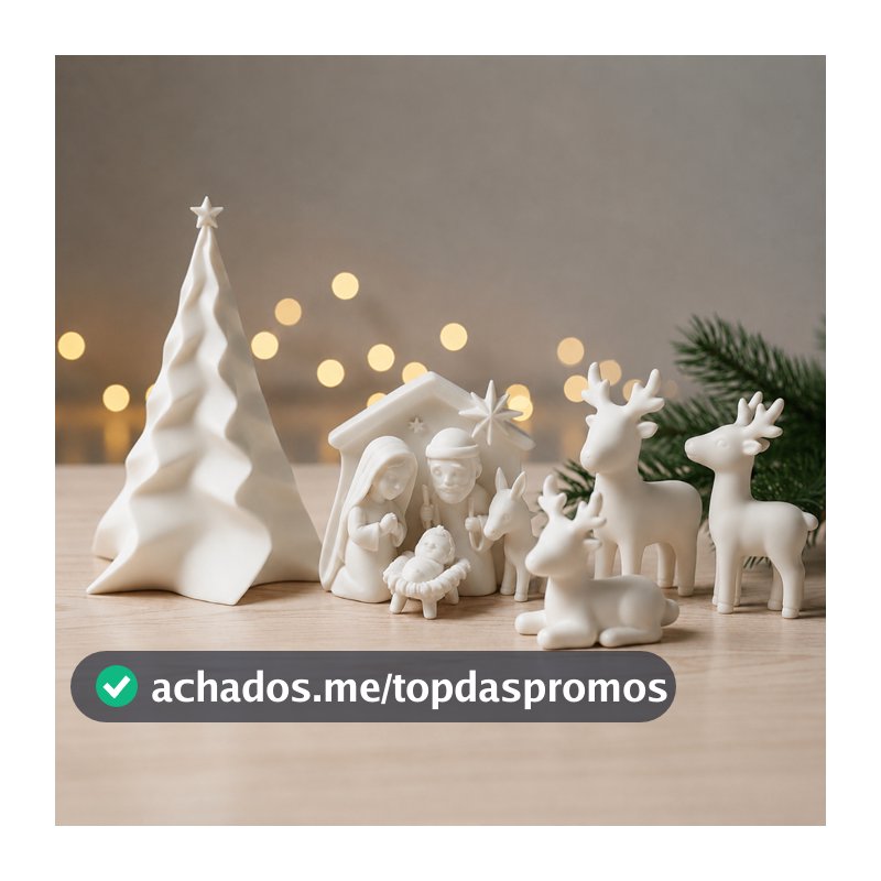 Kit Decoração Natal Minimalista 5 Peças Árvore Presente Natal Trio Renas Presépio Branco Enfeite Mesa Sala Natalino