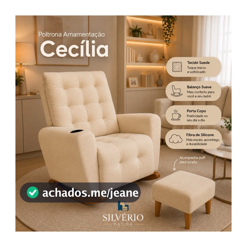 Poltrona de Amamentação Cecília com Balanço Suave e Puff Brinde Premium Confortável Luxo Quarto de Bebê Suede