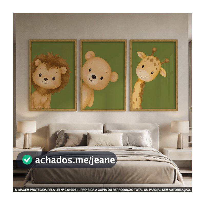 Trio Quadros Infantis Animais - Decoração Quarto de Criança ou Bebê | Kit 3 Peças | Decoração
