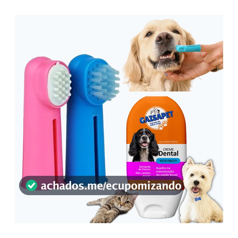 Kit Higiene Bucal Pet 2 Dedeiras + 1 Gel Dental auxilia o combate ao Mau Hálito de Cachorro Escova de dente Cãos e Gatos