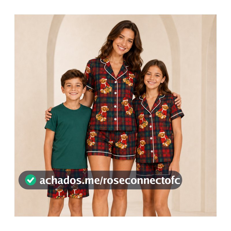 Kit Mãe Filha e Filho Pijama de Natal Xadrez Ursinho Família Combinando