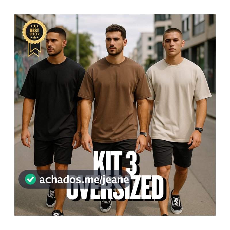 Kit 3 Camiseta Lisa Oversized Masculina Algodão Ideal com Calça Jeans