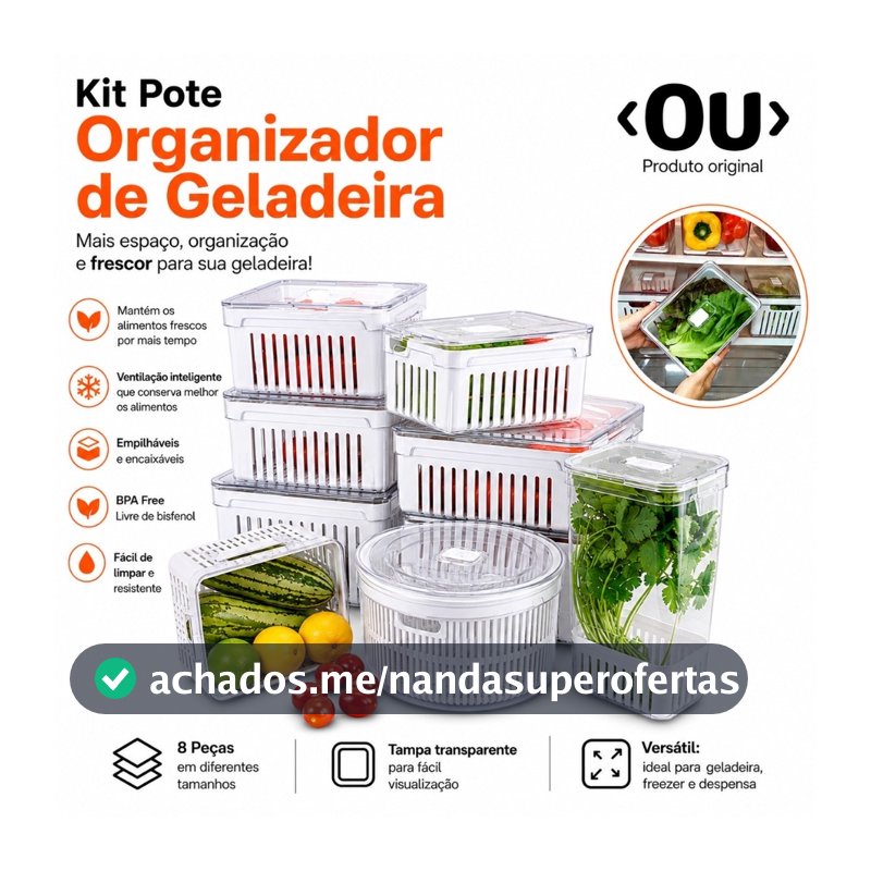 Kit Pote Organizador de Geladeira Com Escorredor Cesto Tampa Multiuso Alimentos Verdura Vegetais OU