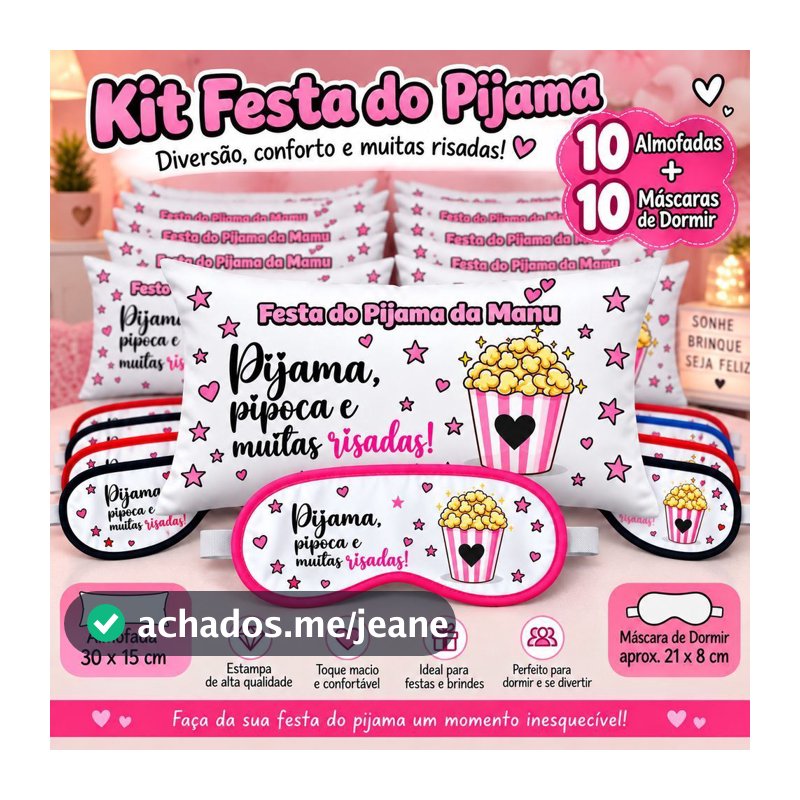 Kit 10 almofadas e 10 Máscaras Personalizadas para Festa do Pijama Infantil Lembrancinha Aniversário criança decoração
