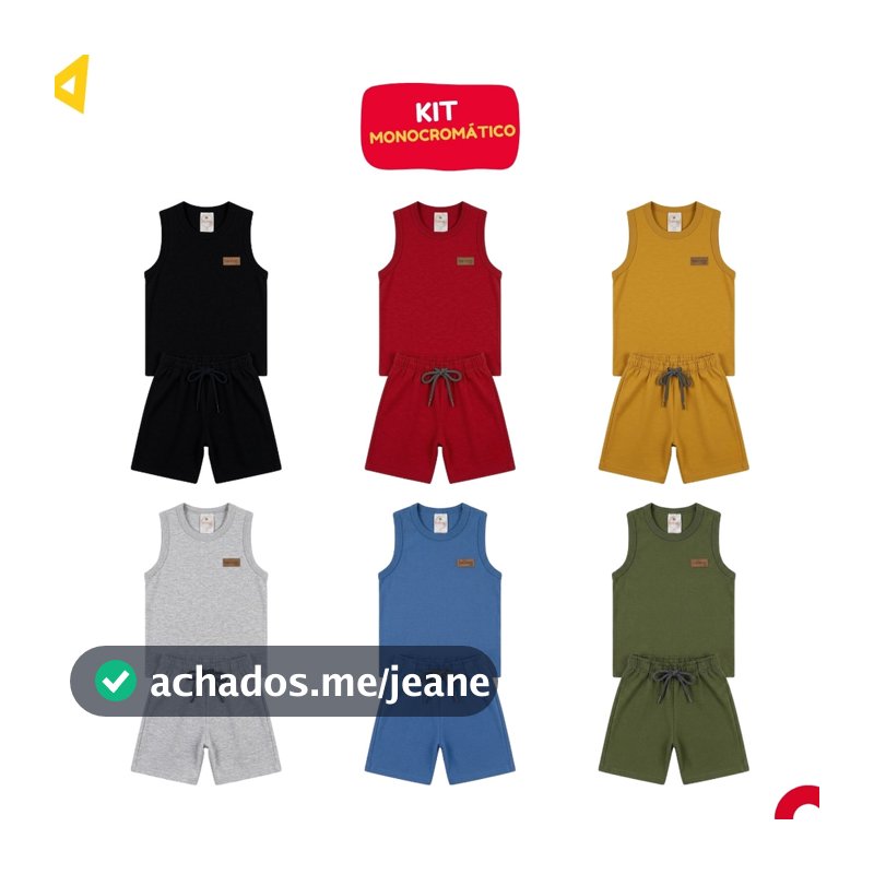 Kit Monocromático 4 Peças Roupa Infantil Menino Conjunto Liso Verão - 2 Regatas Lisas + 2 Bermudas Lisas