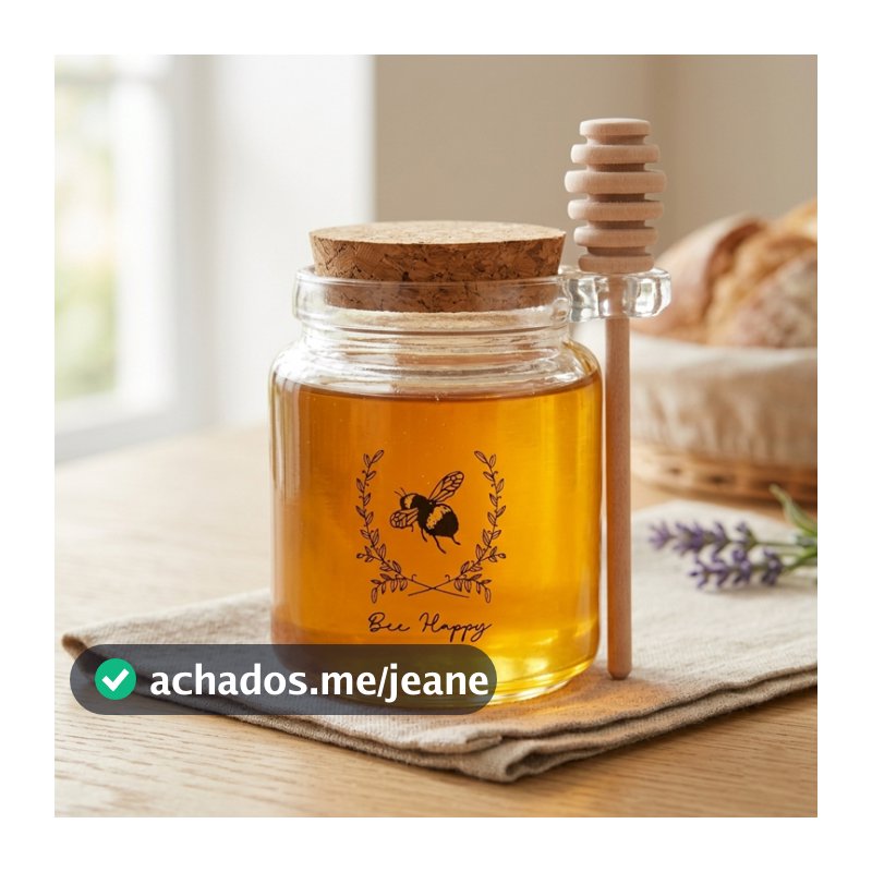 Meleira Vidro 230ml com Colher Pega Mel Tampa Rolha Porta Mel Mesa Posta Chá Decoração Rústica