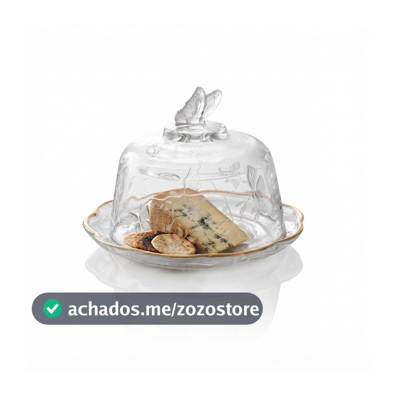Queijeira de Cristal com Tampa Lyor New Butterfly Fio de Ouro 19cm Mesa Posta Servir Queijo Frios Presente Luxo Elegante
