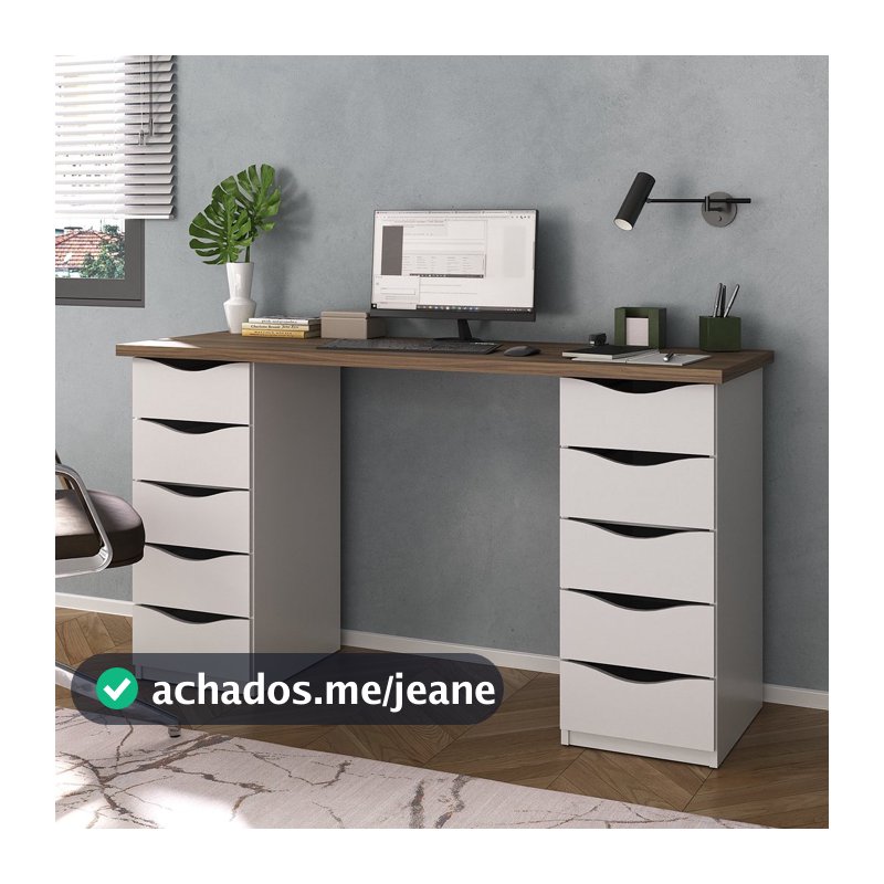 Escrivaninha Mesa Escritório Minimalista com Due 10 Gavetas 136cm Nogal e Branco Artany Nogal/Branco