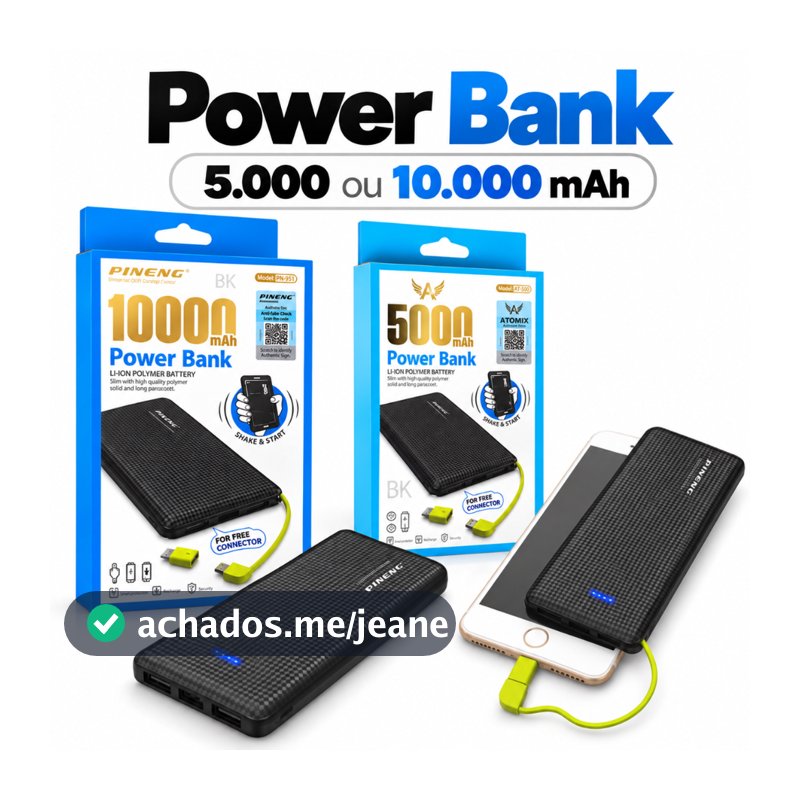 Carregador Portátil Pineng Power Bank 10.000mah 5000mah com adaptador iPhone Lightning USB Android