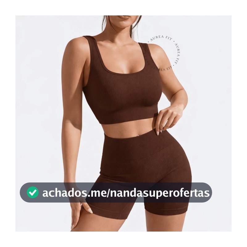 Conjunto Fitness Feminino Short Canelado Sem Costura com Top Bojo Removível Costas Nadador Academia Treino Yoga