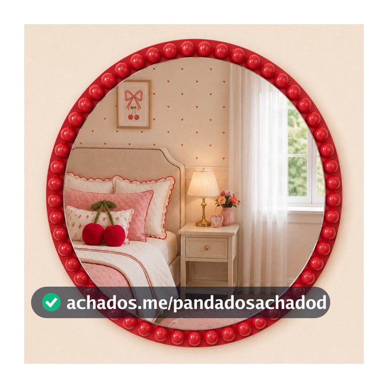 Espelho Redondo de Vidro e Madeira Decoração Infantil Bebê Moldura Bolinha Vermelho 40cm