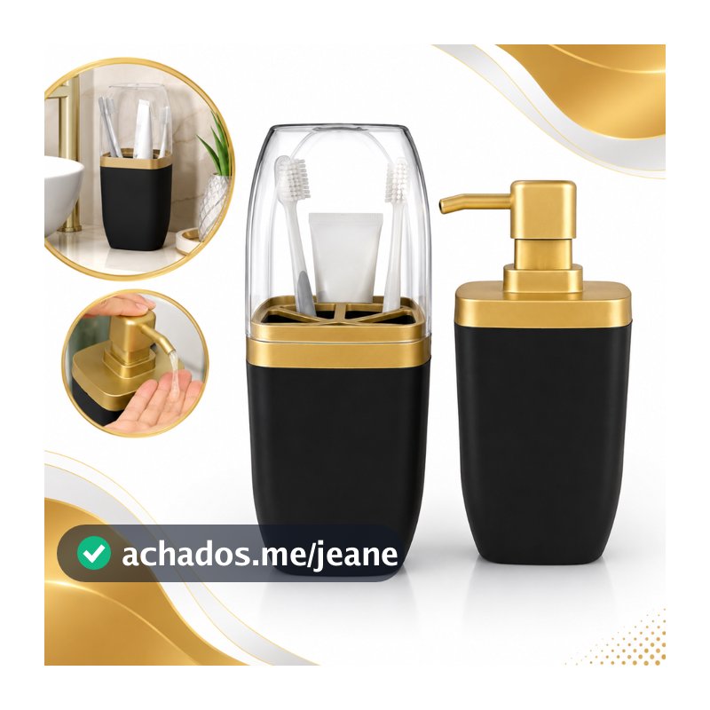 Kit Banheiro Lavabo 2 Peças Premium Luxo Moderno Dispenser Sabonete Liquido Porta Escova De Dentes
