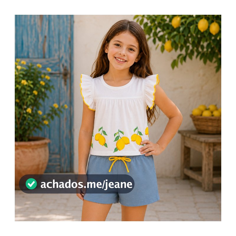 Conjunto Infantil Blusa Meia Malha com Estampa de Limão e Shorts Moletinho