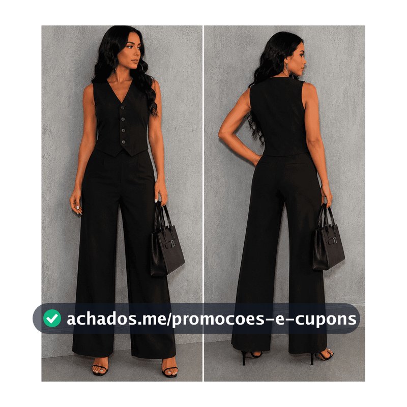Conjunto Feminino Alfaiataria Blusa Colete e Calça Pantalona Social Elegante com Botão Moda Evangélica Outono Inverno