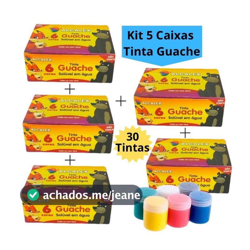 Kit 5 Caixas Tinta Guache 15ml Caixa Com 6 Cores Diferentes 30 Tintas Infantil Escolar Alcalex