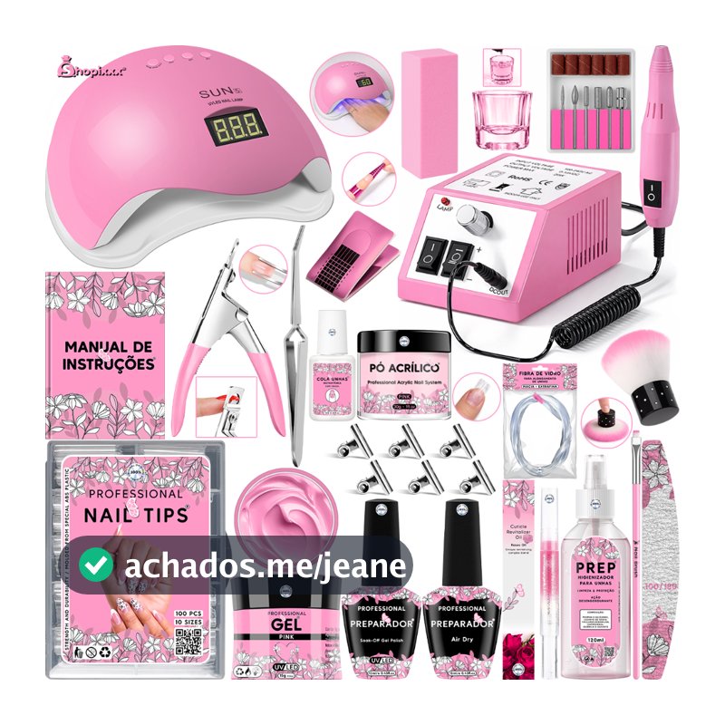 Kit Unha Gel Completo Lixadeira Elétrica Cabine Sun 5 Alongamento Unhas Tips Copo Dappen Fibra Prep