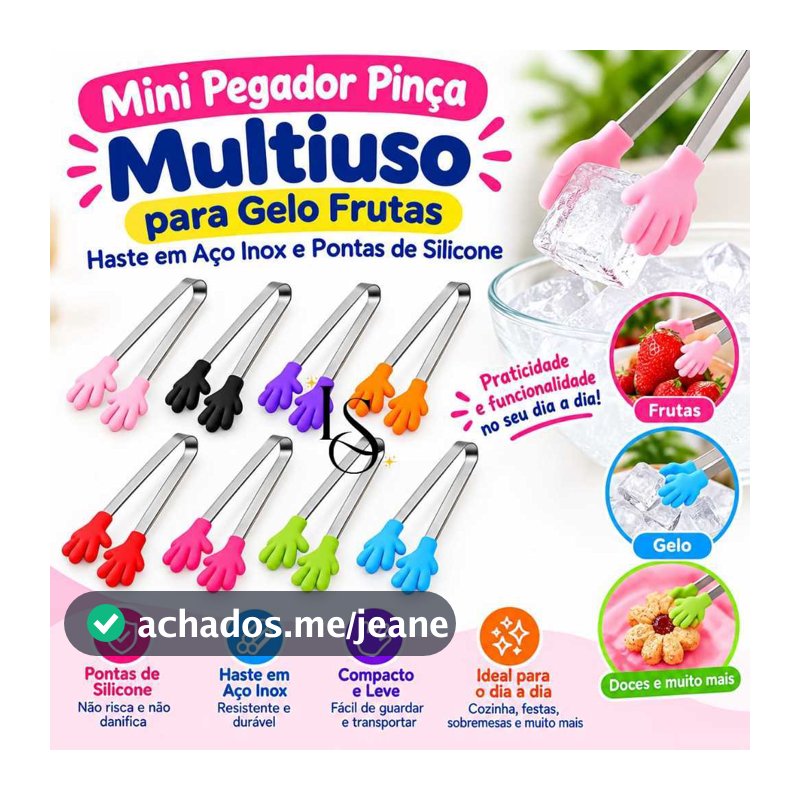 Mini Pegador Pinça Multiuso para Gelo Petiscos Doces Frutas Haste em Aço Inox e Pontas de Silicone