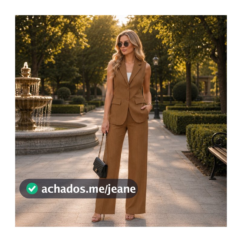 Conjunto Feminino Alfaiataria Risca de Giz com Colete Alongado Forrado e Calça Pantalona Elegante Social Casual REF 33